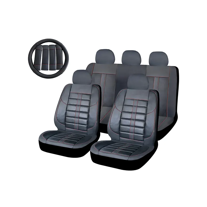 SUPREM2_2 Swissdrive Black W/Red Stitch Supreme 14Pc Seat Cover (4 Shoulder Pads, 1 Swc) - Image 1