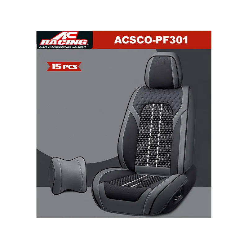 ACSCO-PF301 AC Racing Universal Leather Seat Cover W/Pillow Black/Grey 15Pcs - Image 1