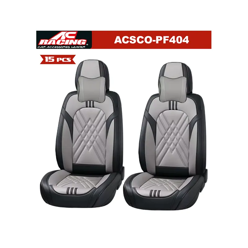 ACSCO-PF404 AC Racing Universal Leather Seat Cover W/Pillow Black/Grey 15Pcs - Image 1